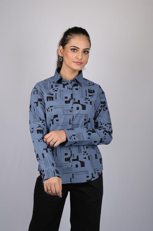 OWO THE LABEL Shirt for women stylish shirt printed party wear cotton shirt Trendy Alphabetical Print Long Sleeves Shirt (OTL-SHRT-1007)